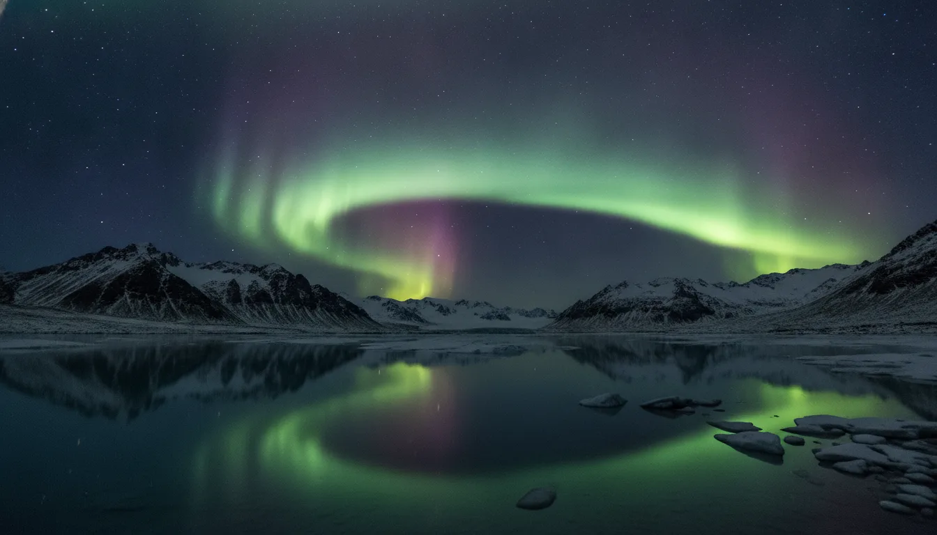 Aurore boréale verte et violette au-dessus de montagnes enneigées se reflétant dans un lac