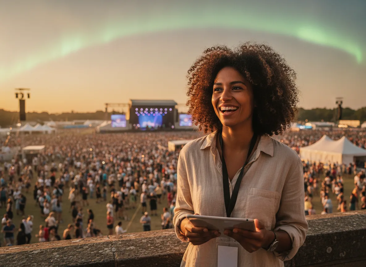 Organisatrice souriante avec une tablette devant la foule d’un festival au coucher du soleil
