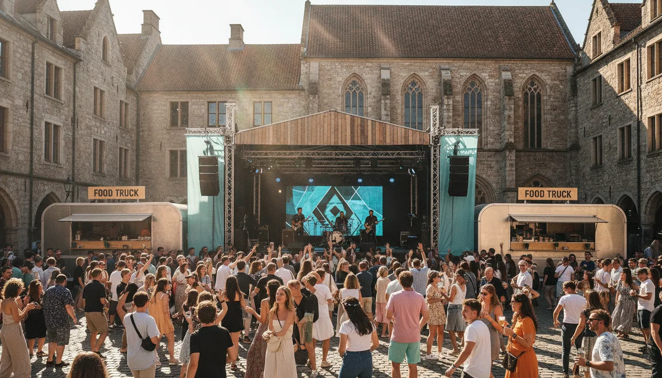 Festival européen animé encadré par des food trucks sobres, public qui profite