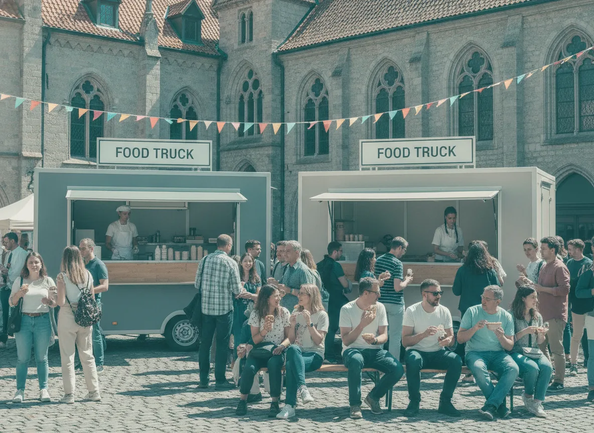 Festival européen animé où le public profite, exposants visibles dans les food trucks sobres et files d’attente réduites