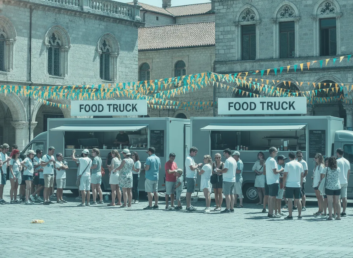 Food trucks sobres avec de longues files d’attente sur une place européenne