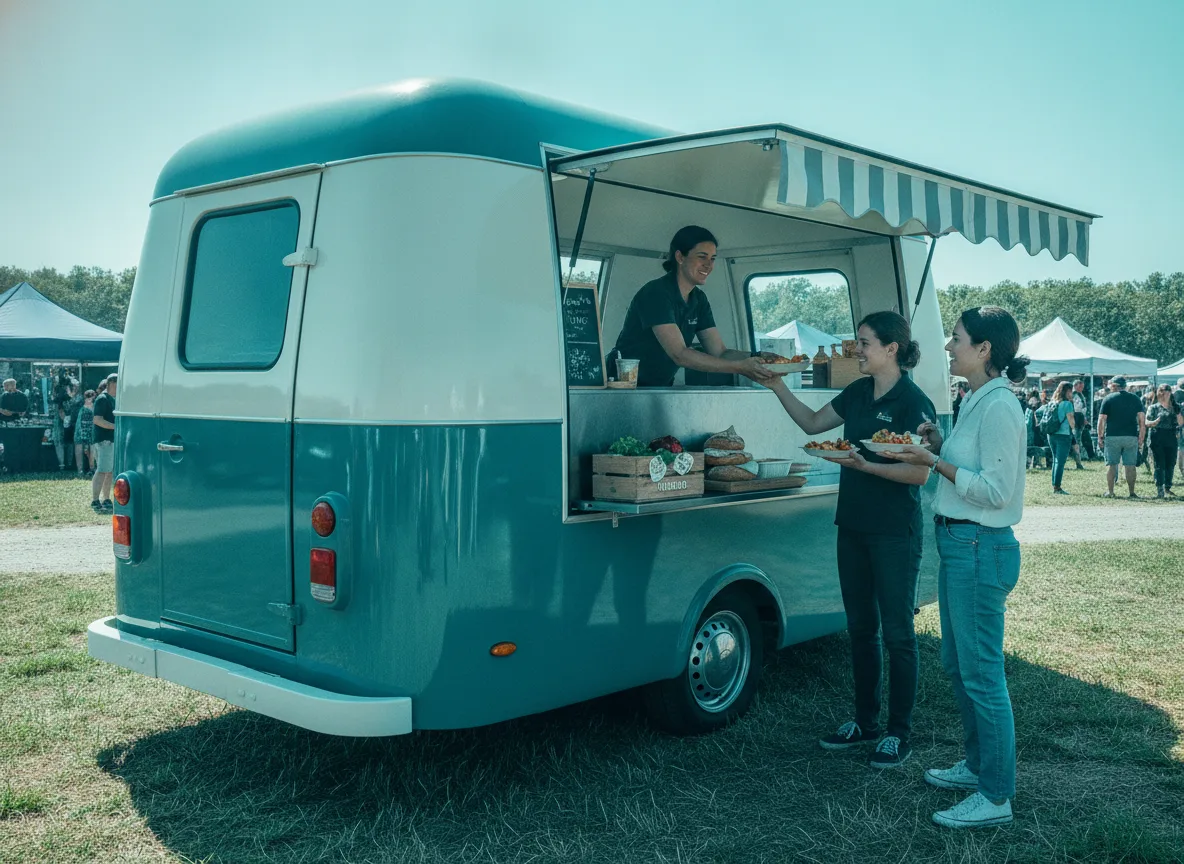 Food truck moderne au design soigné servant des clients lors d’un festival de jour