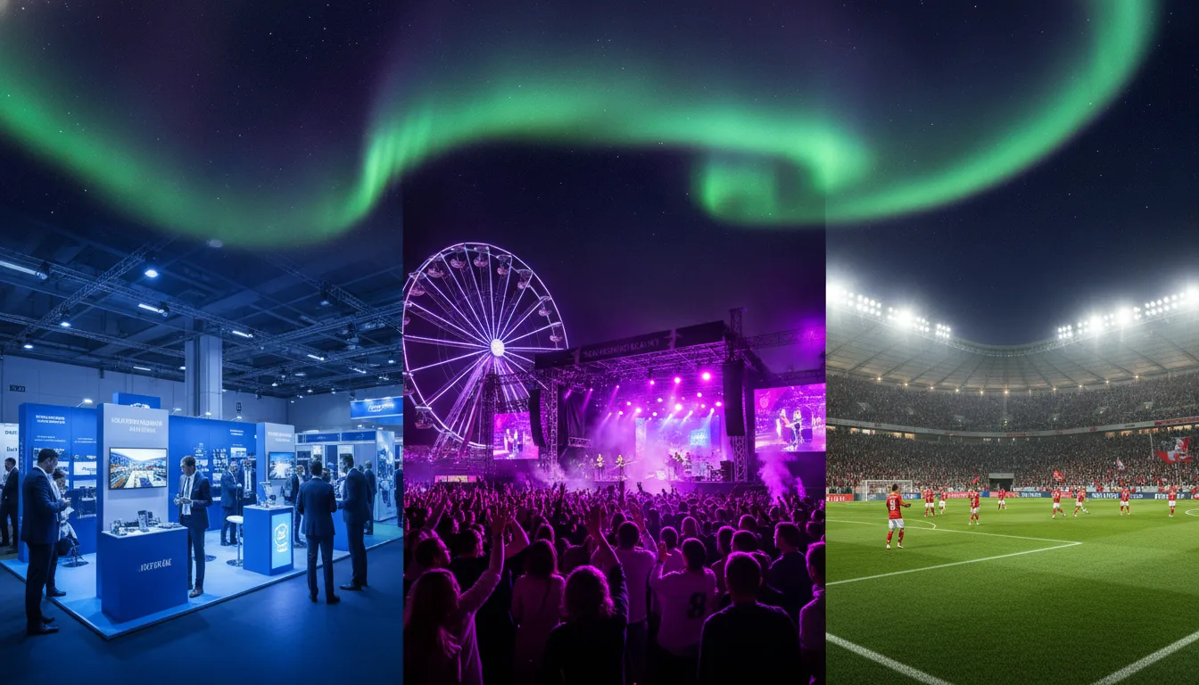 Salon, festival et stade réunis sous une aurore boréale