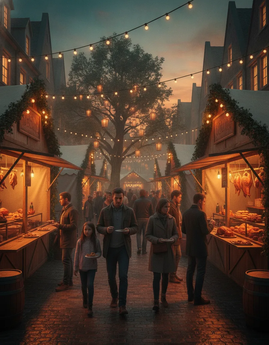 Allée de festival au crépuscule, sans files d’attente