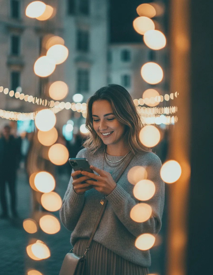 Femme souriante commandant depuis son smartphone en festival