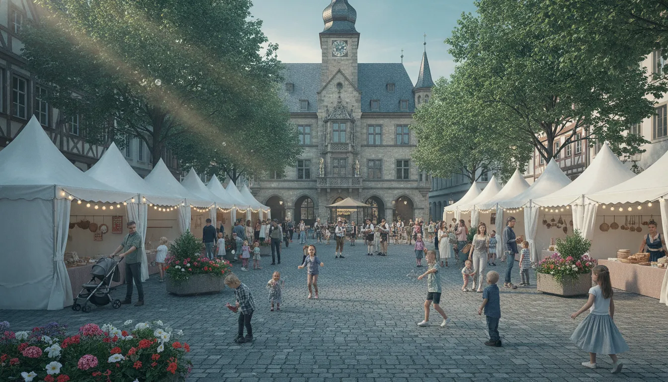Fête locale sur une place de ville avec chapiteaux et familles