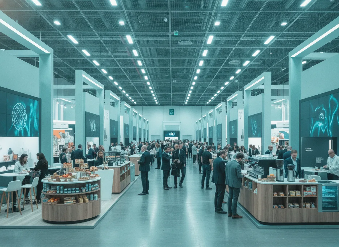 Salon professionnel en intérieur avec des points de restauration le long des allées